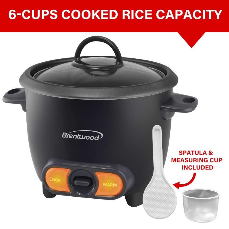 Brentwood 3 Cup Uncooked/6 Cup Cooked Non Stick Rice Cooker in Black, 4 of 6