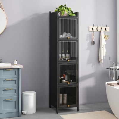 SKRAN Tall Bathroom Cabinet, Freestanding Fluted Floor Narrow Cabinet with Glass Doors and  Storage for Kitchen, Living Room