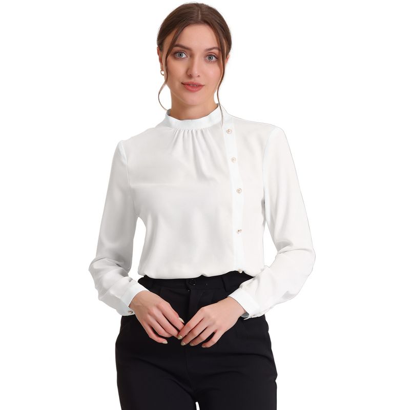 Allegra K Women's Elegant Stand Collar Long Sleeve Button Decor Office Blouse, 1 of 6
