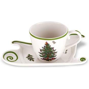 Spode Christmas Tree Jumbo Cup with Sleigh Shaped Saucer, 18 Ounce Jumbo Mug for Coffee, Tea and Hot Chocolate