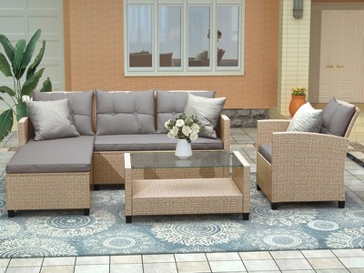 Outdoor Patio Rattan 4-Piece Conversational Modular Sofa Set with Seat Cushion and Coffee Table - ModernLuxe