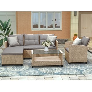 Outdoor Patio Rattan 4-Piece Conversational Modular Sofa Set with Seat Cushion and Coffee Table - ModernLuxe - 1 of 4