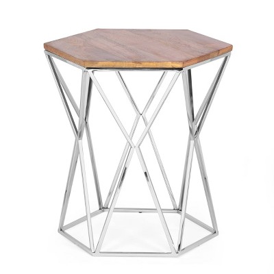Cowger Rustic Glam Handcrafted Mango Wood Side Table Walnut/Polished Nickel - Christopher Knight Home