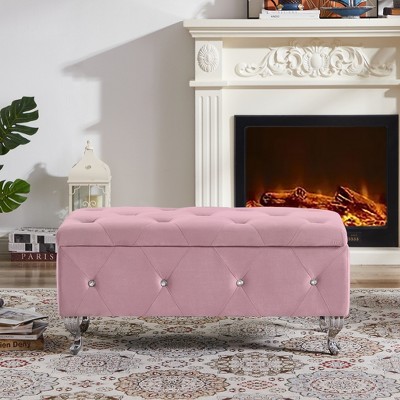 Image of Velvet Upholstered Storage Bench With Safety Hinges, Pink - ModernLuxe