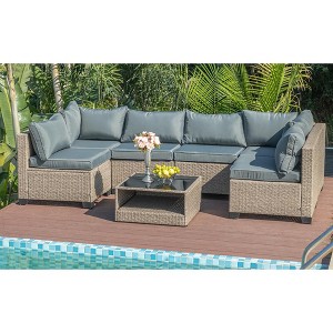TIRAMISUBEST 7-Piece Patio Furniture Set,Outdoor Wicker Conversation Set Sectional Sofa with Waterproof Cushions & Coffee Table - 1 of 4