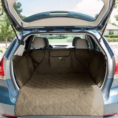 FrontPet Large 34 x 39 Inch Adjustable Padded Soft Quilt Interior SUV Cargo Cover Pet Liner with Storage Pocket and Suction Cup Installation, Tan
