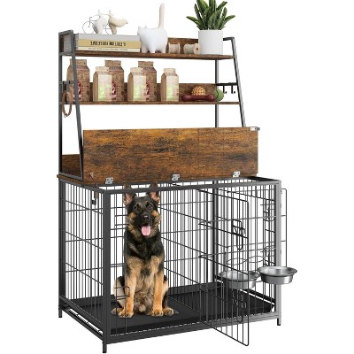 Coucheta 57" Dog Crate Furniture with Storage Shelves - 2-Door Kennel w/ Removable Tray & Adjustable Bowls