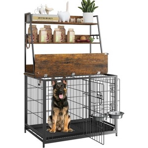 Coucheta 57" Dog Crate Furniture with Storage Shelves - 2-Door Kennel w/ Removable Tray & Adjustable Bowls - 1 of 4