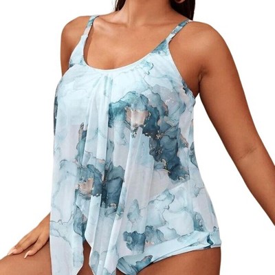 Womens Plus Size Mesh Cover Tie Dye Bikini High Waisted Swimsuits Bathing Suits Tummy Control Swimwear
