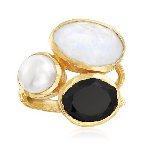 Ross-Simons 8mm Cultured Pearl, Black Onyx and Moonstone Ring in 18kt Gold Over Sterling - 1 of 4