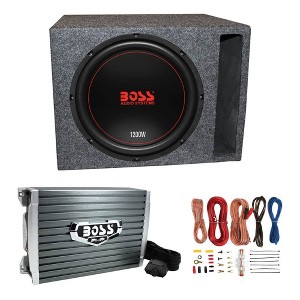 Boss Chaos Exxtreme CXX124DVC 12-Inch 1200W 4 Ohm Subwoofer with QSBASS12-VENTED Vented Subwoofer Enclosure Box, AR1500M Amplifier & AKS8 Wiring Kit - 1 of 4