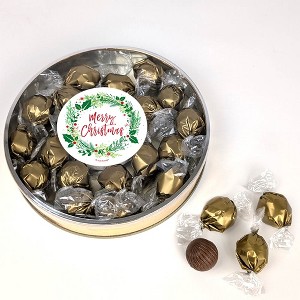 Merry Christmas Wreath Gift Tin Filled With Milk Chocolate Dubai Truffle Candies For Christmas Gifting, Holiday Party Giveaways & More - 1 of 4