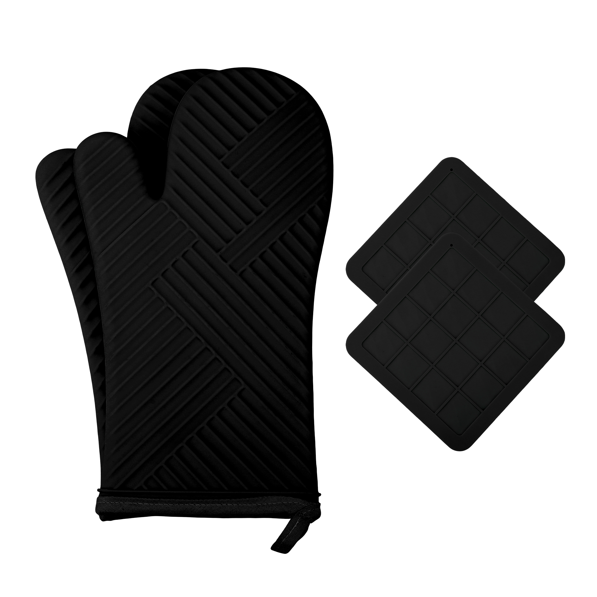 REGALWOVEN Oven Mitts and Pot Holders Sets of 4, Heat Resistant Oven Gloves and Pot Holders with Non-Slip Silicone Surface for Kitchen Black