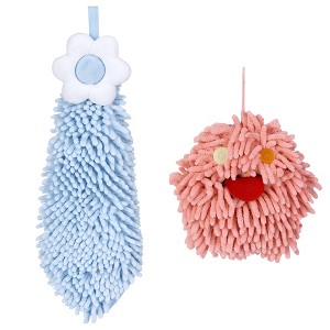 REGALWOVEN 2 Packs Soft Absorbent Flower Pattern Chenille Hand Towel with Loop 6" x 15"/7" x 7" - 1 of 4