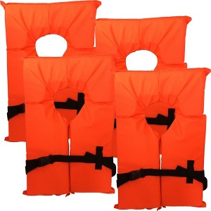 4 Pack Coast Guard approved life jackets for adults. High visibility color Type II keyhole life vest in classic May West style. - 1 of 4