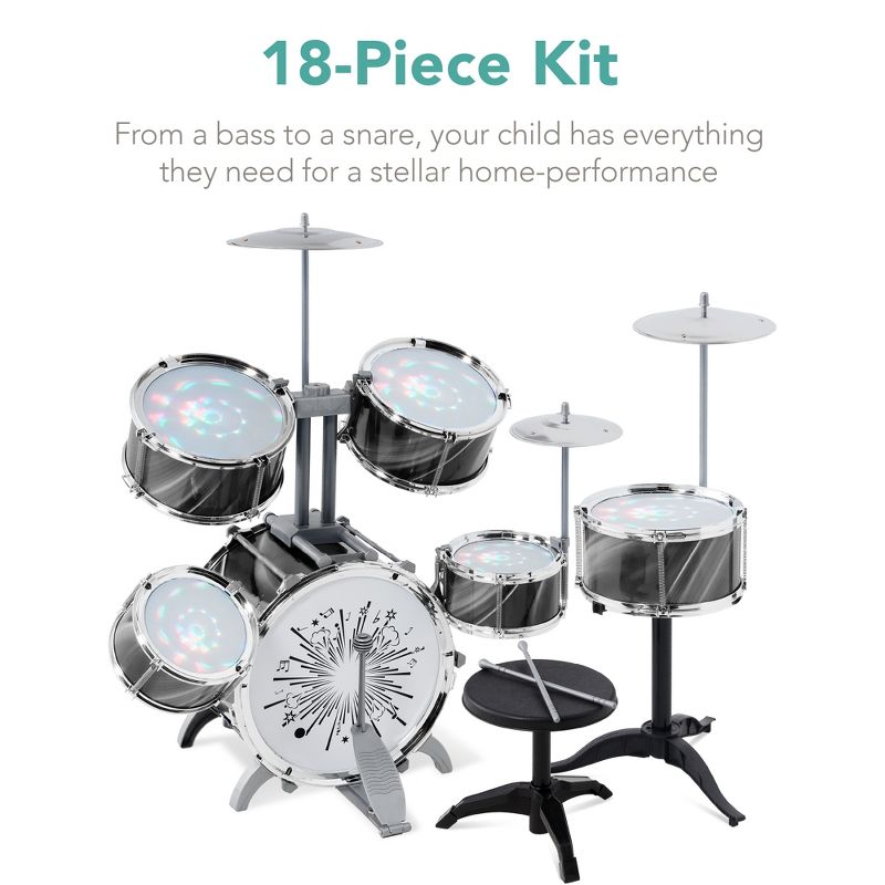 Best Choice Products 18-Piece Kids Beginner Drum Kit, Musical Instrument Toy Drum Set w/ LED Lights, Drumsticks, 4 of 8