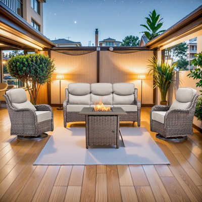 4 Piece Patio Furniture Set with Fire Pit Table, 2 x Swivel Rocker Chair, 1 x 3-Seat Sofa, 5 Seats Outdoor Conversation Set for Lawn Garden Backyard