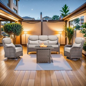4 Piece Patio Furniture Set with Fire Pit Table, 2 x Swivel Rocker Chair, 1 x 3-Seat Sofa, 5 Seats Outdoor Conversation Set for Lawn Garden Backyard - 1 of 4