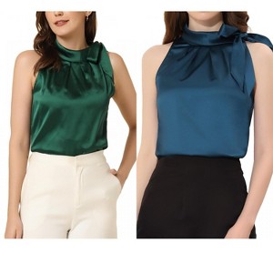 INSPIRE CHIC Women's Elegant Satin Sleeveless Bow Tie Mock Neck Solid Work Blouse 2 Packs - 1 of 4
