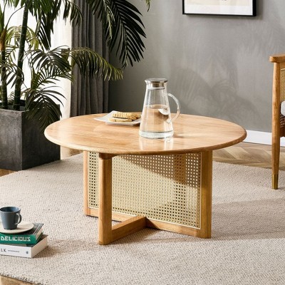 Modern Round Coffee Table Wooden Circle Tea Table With Rattan Accents For Dining Room Living Room Bedroom Home Office
