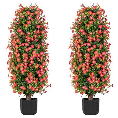 Sunnyglade 37" 2 Packs Red Artificial Plum Blossom Tree, Fake Floral Plant Tree in Pot, Faux Potted Decorative Topiary Plant