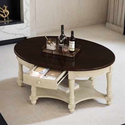 Vintage Oval Coffee Table with Drawer and Storage Shelf, Antique Cocktail Table in 45", French Country Accent Table - Leovsnove