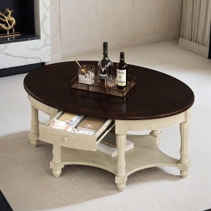 Vintage Oval Coffee Table with Drawer and Storage Shelf, Antique Cocktail Table in 45", French Country Accent Table - Leovsnove - 1 of 4