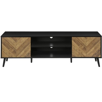 Vynxaria Contemporary TV Stand, 72 Inch, Media Entertainment Center, Brown and Black Laminate, Black Wood Legs