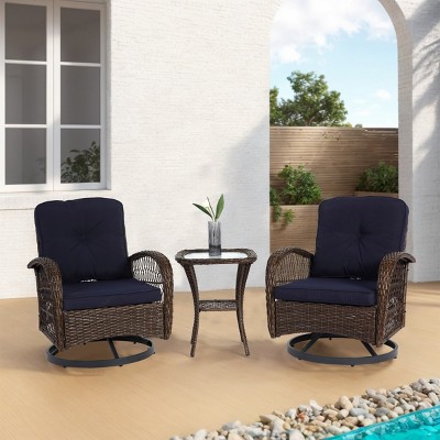 3-Piece Outdoor Swivel Rocker Patio Set – 360° Rotating Chairs with Cushions And Tempered Glass Table-Maison Boucle