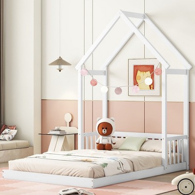 CAVINAS Full Size Wood Montessori Bed,Modern Floor Bed with House-Shaped Roof Headboard and Semi-Fence Design,Toddler Bed for Bedroom