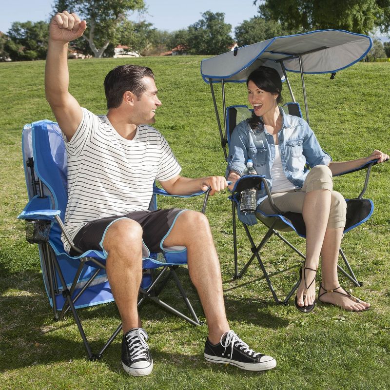 Kelsyus Premium Portable Camping Folding Outdoor Lawn Chair w/50+ UPF Canopy, Cup Holder, & Carry Strap, for Sports, Beach, Lake, Blue & Gray (2 Pack), 4 of 8