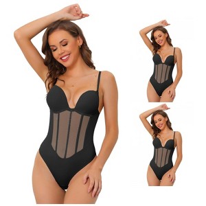 INSPIRE CHIC Women's Mesh Panel Tummy Control Sculpting Adult Bodysuits with Adjustable Straps 3 Packs - 1 of 4