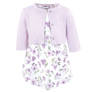 Hudson Baby Infant and Toddler Girls Cotton Dress and Cardigan Set, Purple Butterfly Floral - 1 of 4