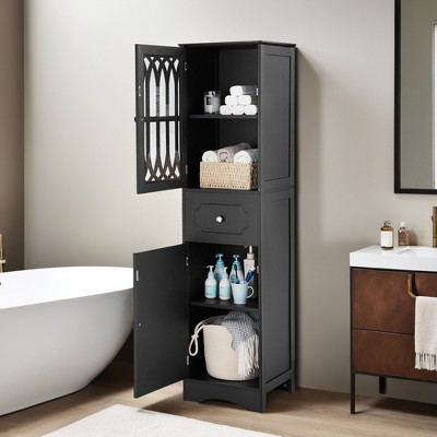 Slim Tall Bathroom Storage Cabinet with Adjustable Shelf, Drawer and 2 Doors, Freestanding Linen Tower - Leovsnove