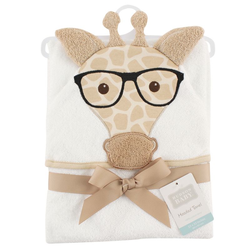 Hudson Baby Infant Cotton Animal Face Hooded Towel, Nerdy Giraffe, One Size, 2 of 4