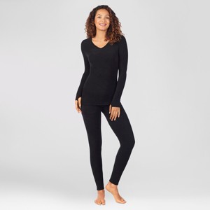 Warm Essentials by Cuddl Duds Women's Textured Fleece Thermal Leggings - Black - 1 of 4