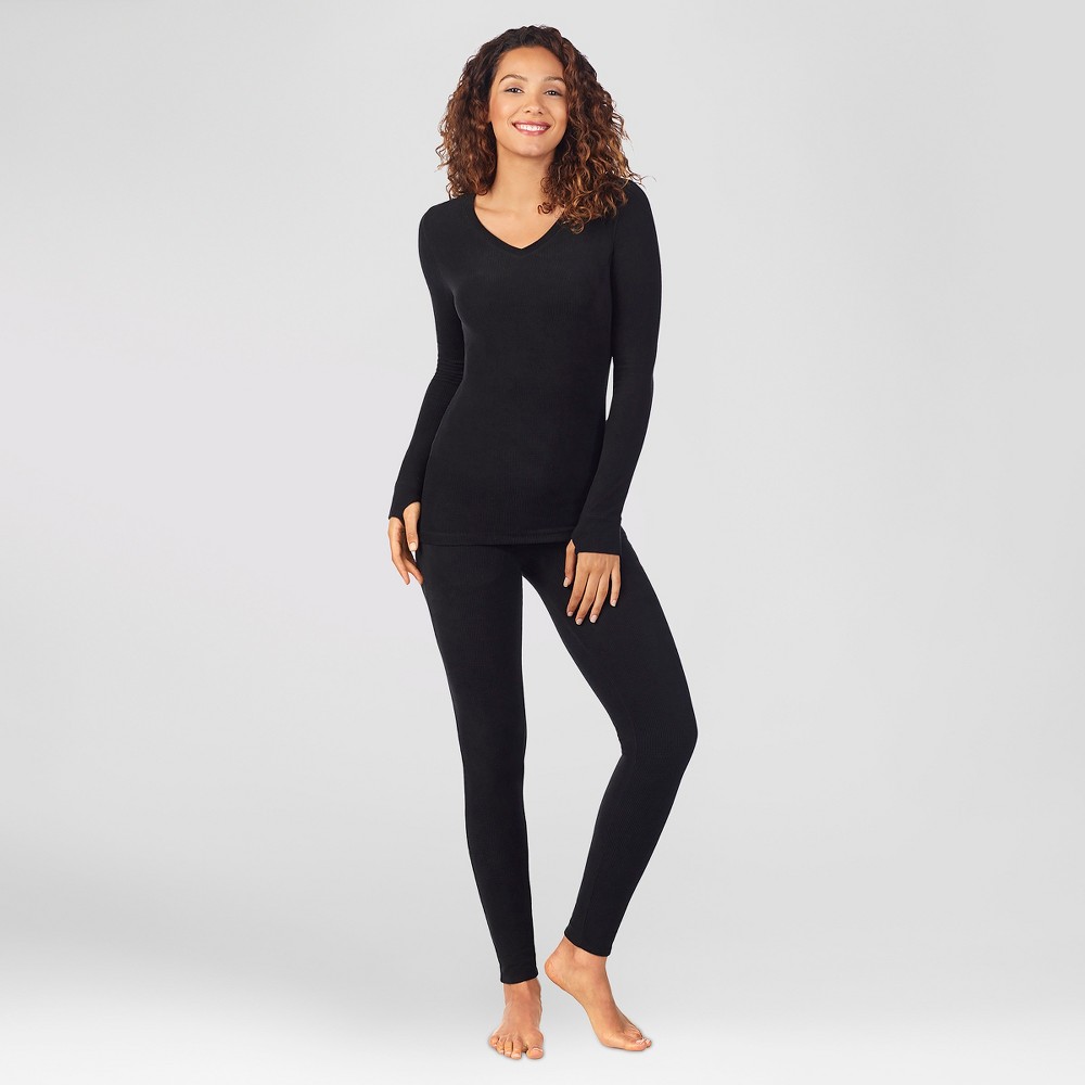 Warm Essentials by Cuddl Duds Women's Textured Fleece Thermal Leggings - Black XL