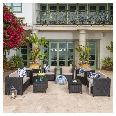 Puerta 8pc All-Weather Wicker Patio Chat Set - Dark Brown/Beige - Christopher Knight Home