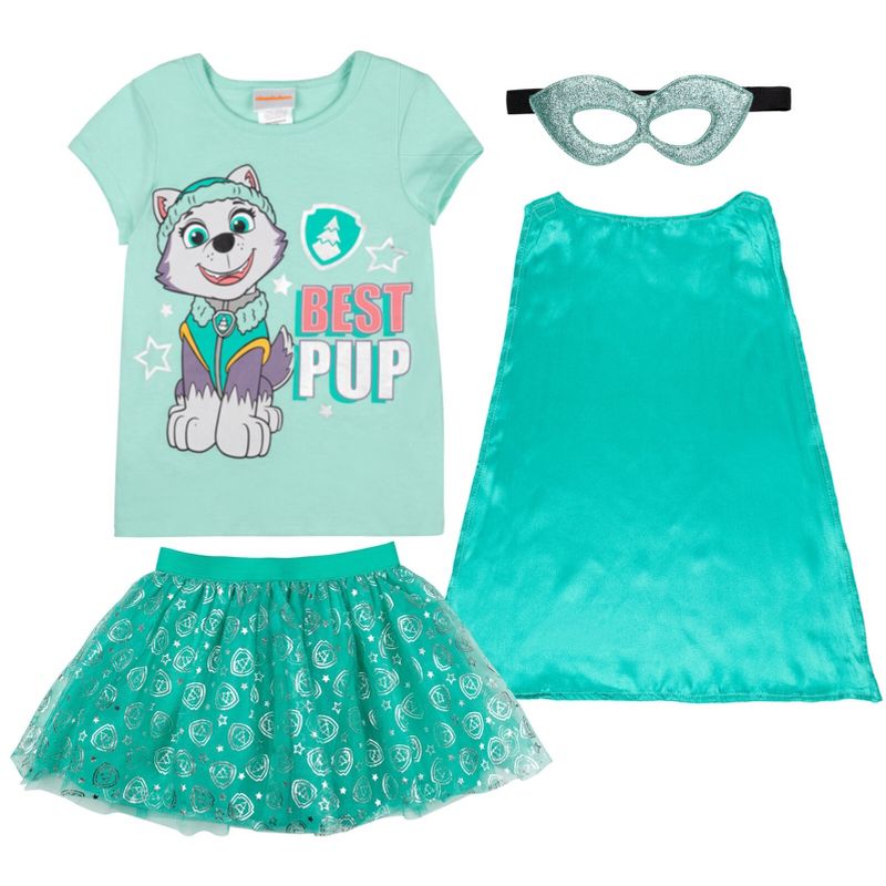 Paw Patrol Everest Girls Cosplay Costume T-Shirt Mesh Skirt Tulle Cape and Mask 4 Piece Outfit Set Toddler to Big Kid, 1 of 9