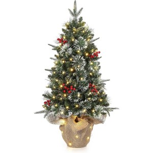 Clearance! 3 FT Artificial Pre-Lit Christmas Tree with Deer Lightbox, Vintage Potted Base, Snow Flocked, Easy Setup - 1 of 4