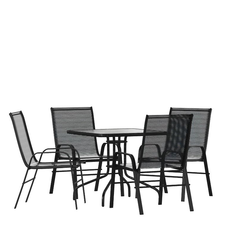 Emma and Oliver Five Piece Patio Dining Set - Square Table with Powder Coated Frame and Tempered Glass Top & 4 Flex Comfort Stack Chairs, 1 of 11