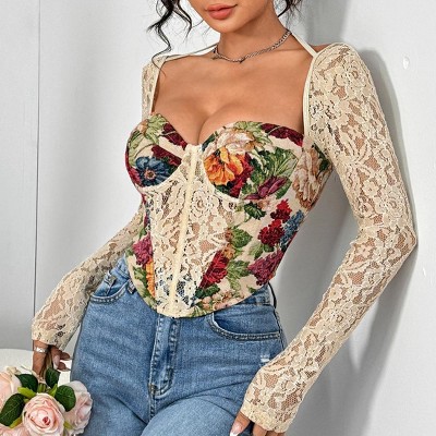 Women's Summer Casual Sheer Mesh Long Sleeve Vintage Floral Corset Top Lace-Up V Neck Backless T-Shirt Slim Fit Tops with Underwire