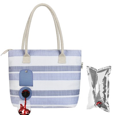 Image of Tirrinia Wine Tote Bag with Hidden Dispenser, Insulated Large Wine Carrying Carrier Set with Wine Bladder, Perfect Wine Gift for Byob, Stripe