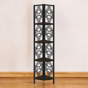 Alilang 15.50 Inch Corner Shelf Unit with Intricate Metal Design and Wooden Shelves - Espresso - 1 of 4