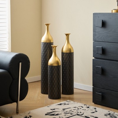 Grungis Flower Vase Set of 3,Black and Gold Distressed Floor Vases for Bouquet,Tall Decorative Vases for Home Decor,Gold+Black