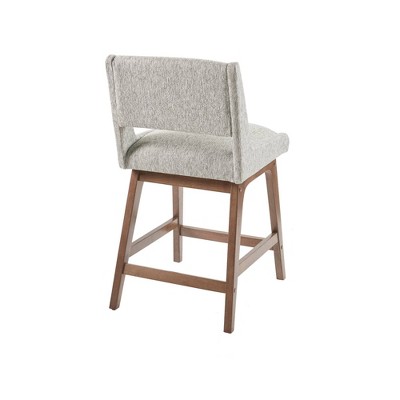 Light Gray Upholstered Counter Stool with Pecan Wood Legs