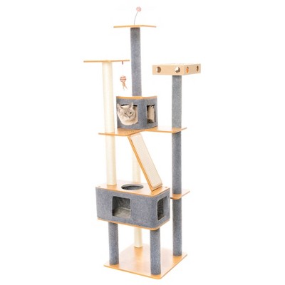Gray and Beige Solid Wood Multi-Level Cat Tree Tower