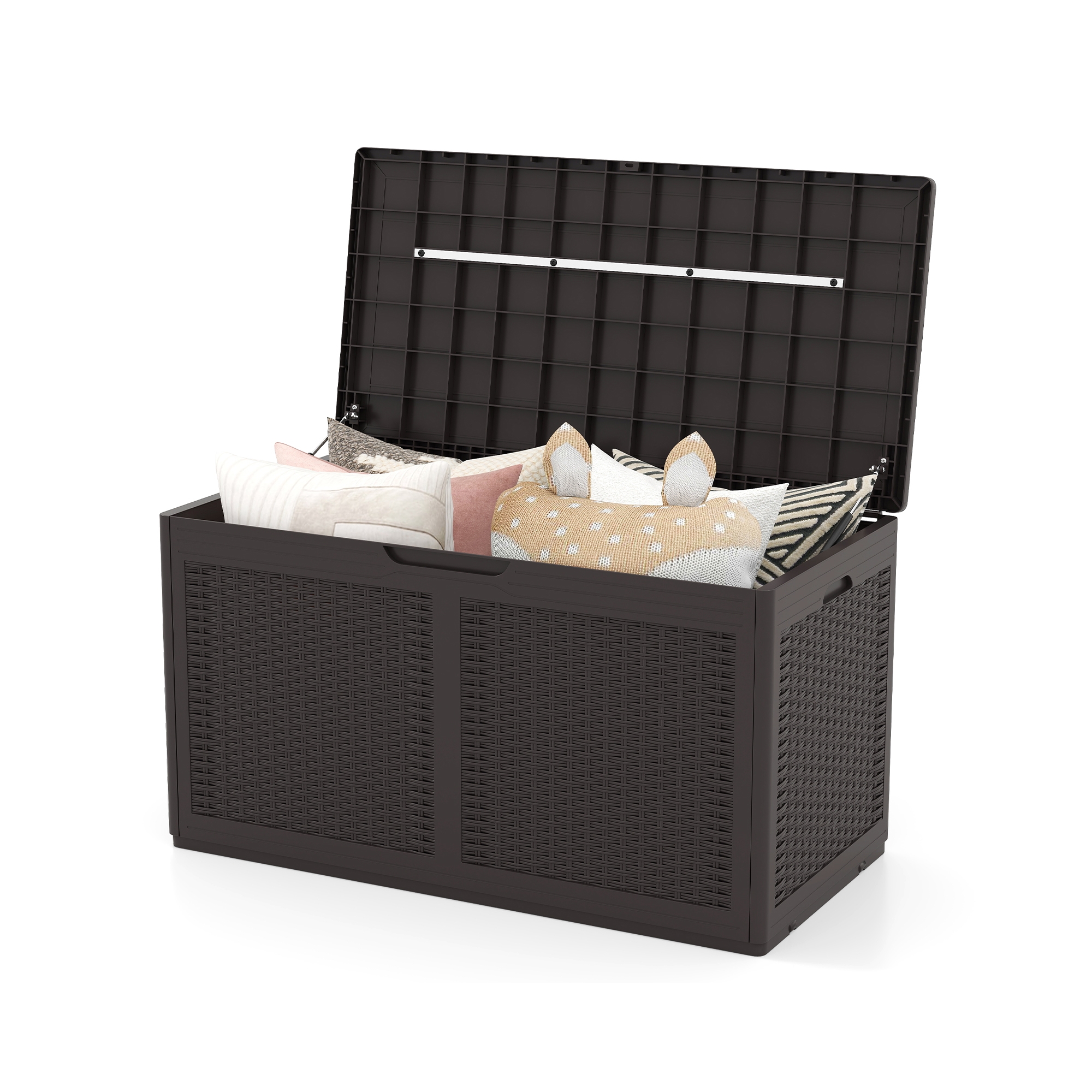 Costway 100 Gal Outdoor Storage Box Lockable Patio Bin & Bench for Gardening Tools Brown