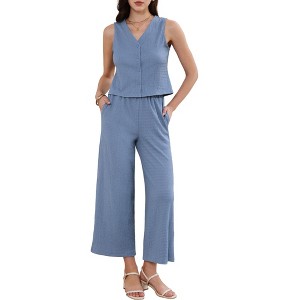 INSPIRE CHIC Women's Button Vest High Waist Pockets Textured Dressy Lounge Pants 2 Piece Suit Set - 1 of 4