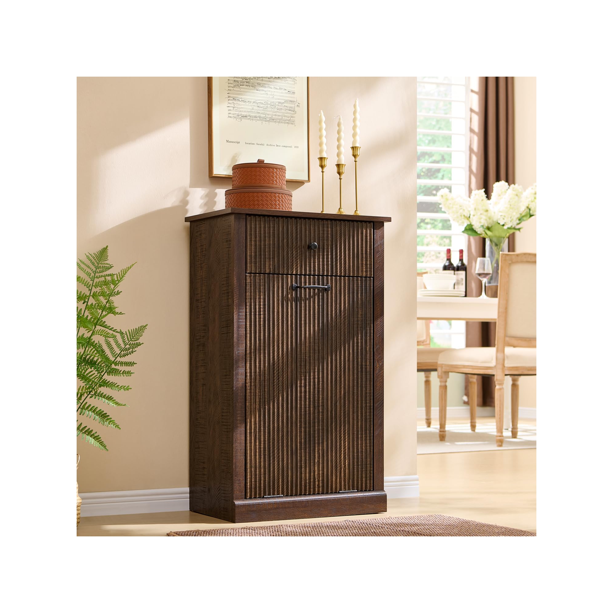 Tilt-Out Trash Cabinet, Hidden Trash Can with 10 Gallon Storage, Wooden Hidden Garbage Can Cabinet with Drawer for Kitchen & Living Room, Brown
